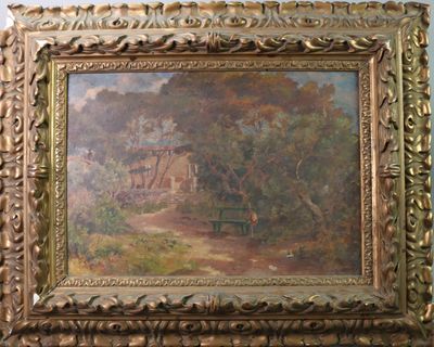 une image d'une peinture représentant une maison dans un bois