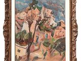 une peinture à l'huile représentant un village avec un arbre au premier plan