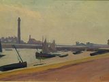 a painting of boats on the water near a lighthouse