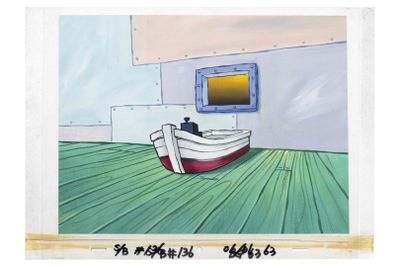 a painting of a boat on the floor in a room