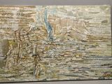 peinture abstraite représentant un paysage urbain avec des bâtiments et une rivière