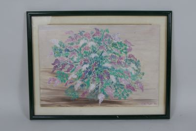 a painting of a bouquet of flowers is hanging on a wall