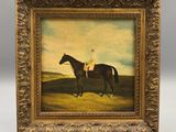 an oil painting of a horse and rider in a field