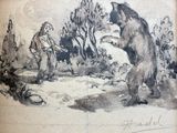 a drawing of a bear and a man in the woods