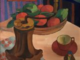 a painting of a bowl of fruit and a figurine on a table