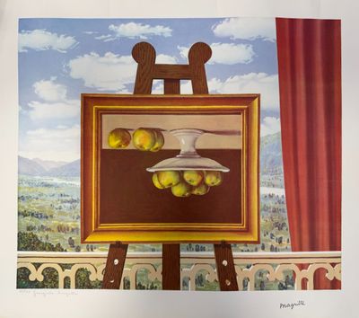 a picture of a painting of apples on a easel