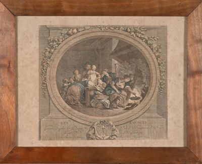 an old picture of a painting of a group of people in a room