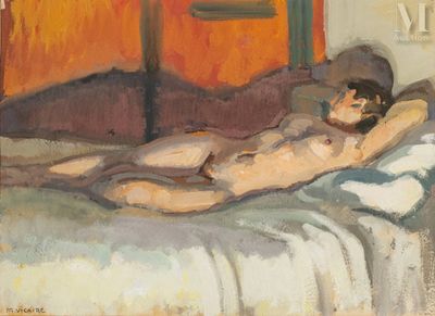 un tableau représentant un homme nu allongé sur un lit