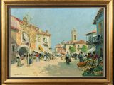 an image of a painting of a street scene with a church in the background
