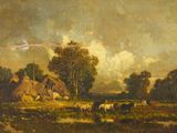 une image représentant un tableau où l'on voit des moutons paître dans un champ