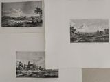 three black and white pictures of a landscape with buildings and trees