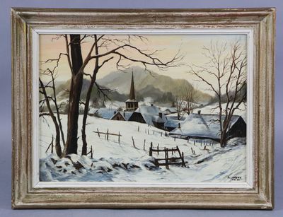 une peinture à l'huile représentant un paysage enneigé avec une église au loin