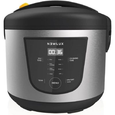 a close up of a silver and black rice cooker on a white background
