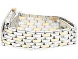 a close up of a silver and gold watch on a white background
