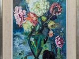 painting of a vase of flowers with a black cat in front of it