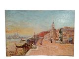 une image représentant une peinture d'une rue de ville avec un bateau sur l'eau