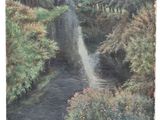 an oil painting of a stream running through a forest filled with trees