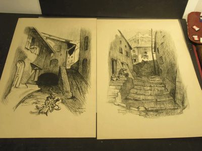 deux dessins représentant une maison et une rue, tirés d'un cahier de dessin