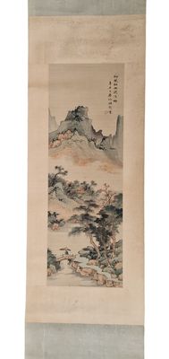 an oriental painting of a mountain scene with trees and rocks