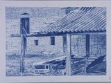 a blue ink drawing of a car parked in front of a house
