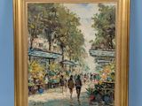 une peinture à l'huile représentant des personnes marchant dans une rue d'une ville
