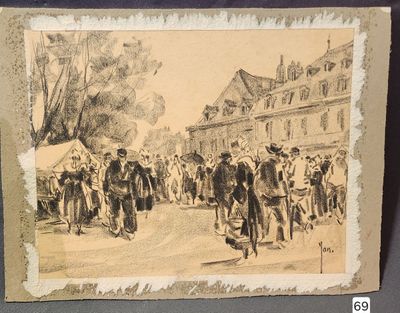 an old drawing of a group of people walking down a street