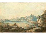 an image of a painting of a mountain landscape with a boat in the water