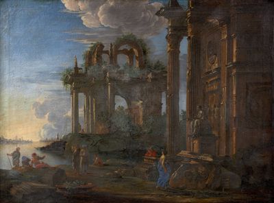 tableau représentant un homme et une femme devant un bâtiment