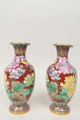 une paire de vases décorés de fleurs et de feuilles peintes sur fond blanc