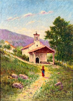 une peinture à l'huile représentant une petite église sur une colline, avec une personne marchant au premier plan