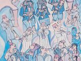 une image représentant un tableau où l'on voit un groupe de personnes vêtues de bleu et de rose