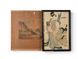 an old book with a picture of a woman sitting on a bench