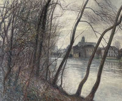a painting of a river with a church in the background