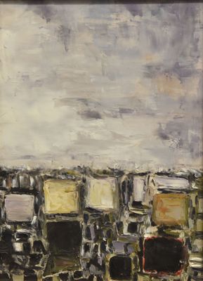 an oil painting of a cityscape with a sky in the background