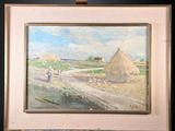 an oil painting of a farm scene with a person standing in front of a hay field