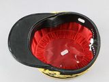 a black and yellow hat with a red band on it