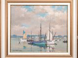 an oil painting of boats in a harbor with a sky background