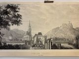 un vieux dessin représentant un château sur une colline, avec une tour horloge