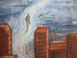 a painting of a man walking down a street in a city