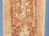 drawing of a street scene with people walking down the street