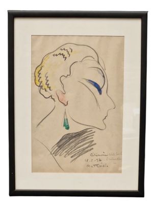 a drawing of a woman ' s face with a green tear in her ear
