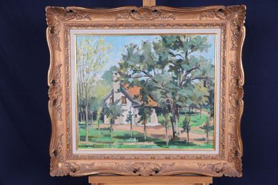 une peinture à l'huile d'une maison dans une zone boisée avec des arbres