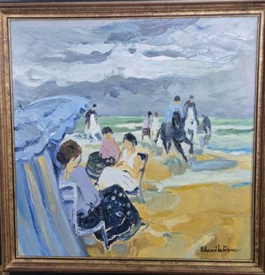 an oil painting of people sitting on a beach near the ocean