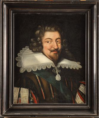 a painting of a man with a beard in a black frame