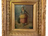 une peinture à l'huile représentant une femme avec un panier de fleurs