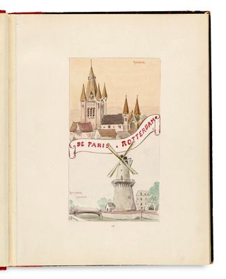 an open book with a drawing of a windmill in front of a castle