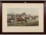 painting of a horse race with jockeys and horses running on the track