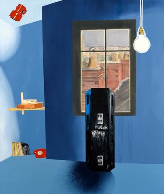 a painting of a suitcase in a room with a window