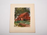 an image of a painting of a red barn in a field