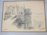 drawing of a castle with a clock tower on the top of it